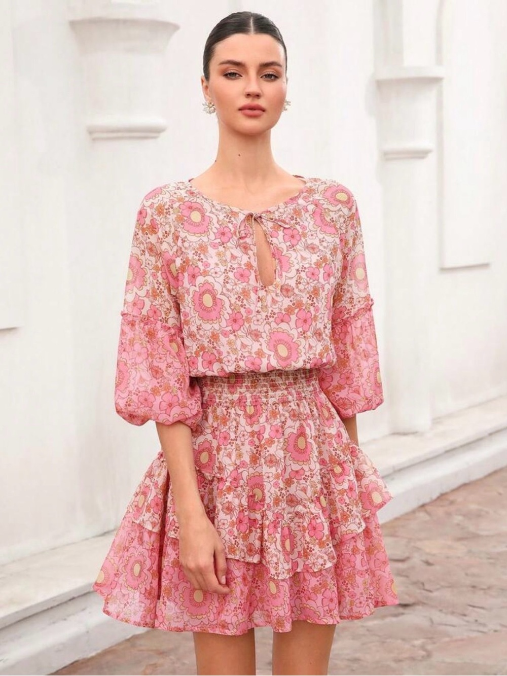 Aveloria Pink Retro Floral Tiered Mini Dress – Size M / US 6